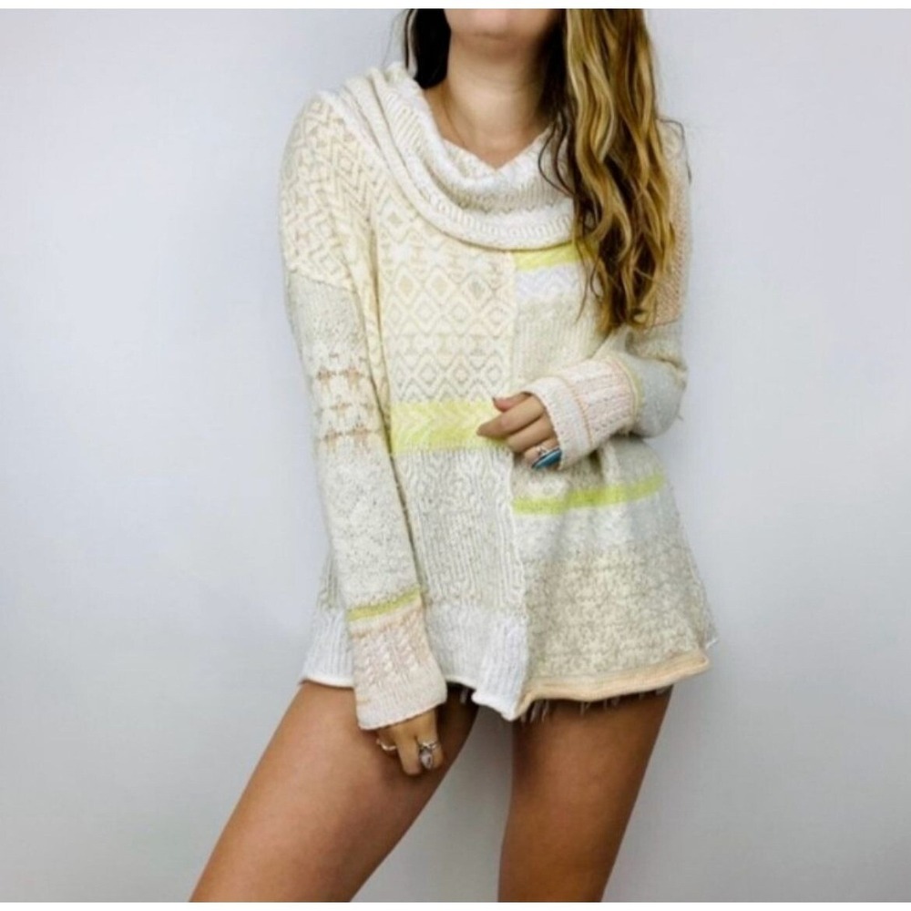 Free People Patchwork Cowl Neck Sweater Cream Yellow Peach Oversized Small